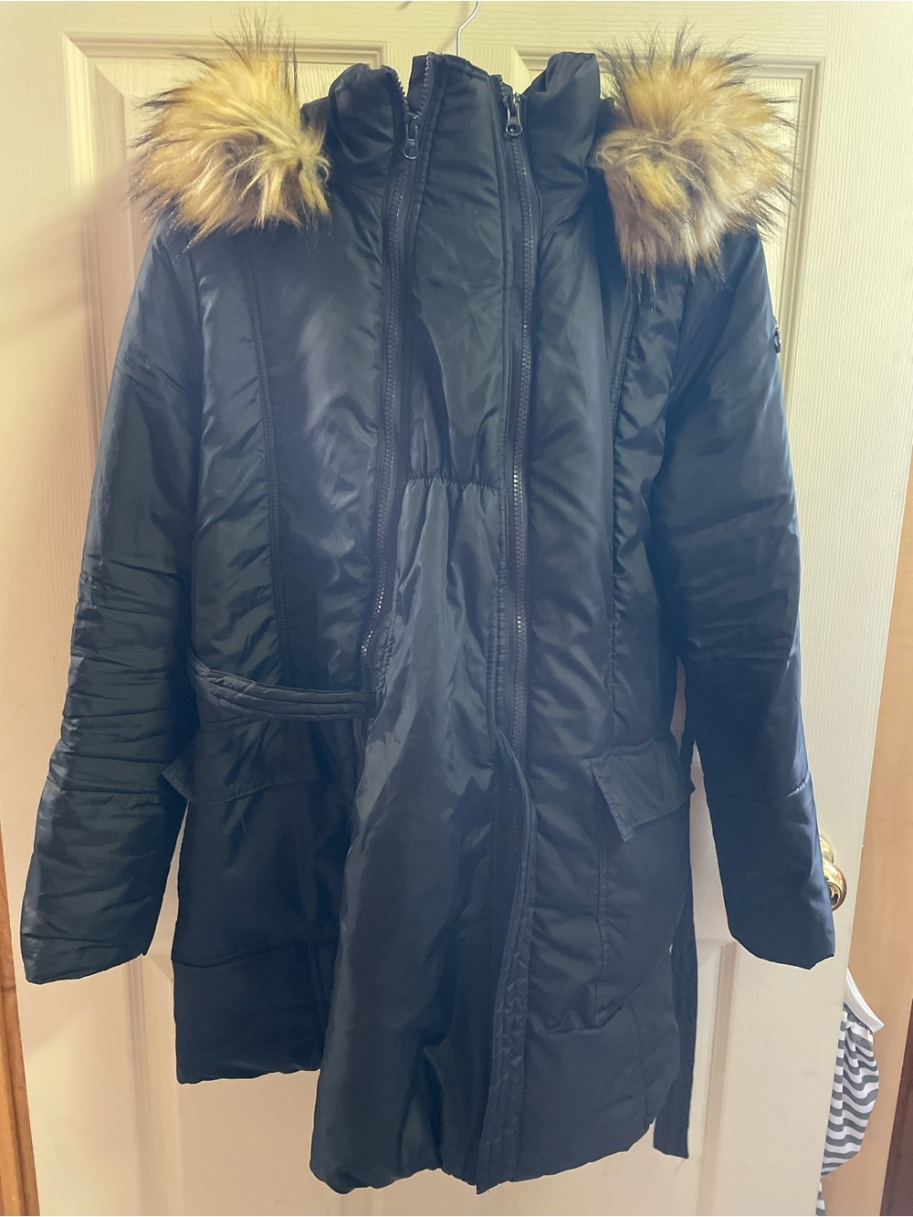 Maternity/ Baby Wearing Modern Eternity Black Puffer Coat with Faux-Fur Trim